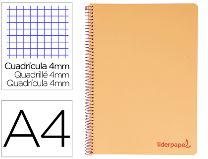 CUADERNO ESPIRAL LIDERPAPEL A4 WONDER TAPA PLASTICO 80H 90GR CUADRO 4MM CON MARGEN COLOR NARANJA