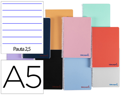 CUADERNO ESPIRAL LIDERPAPEL A5 WONDER TAPA PLASTICO 80H 90GR PAUTA ESTRECHA 2,5MM CON MARGEN COLORES SURTIDOS