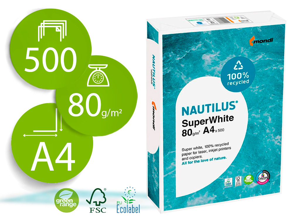 PAPEL FOTOCOPIADORA NAUTILUS SUPERWHITE 100% RECICLADO DIN A4 80 GRAMOS PAQUETE DE 500 HOJAS