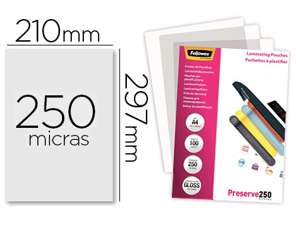 BOLSA DE PLASTIFICAR FELLOWES BRILLO DIN A4 250 MC PACK DE 100 UNIDADES