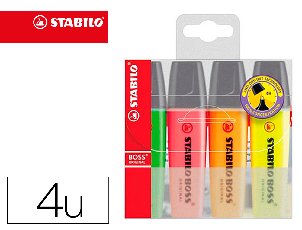 ROTULADOR STABILO BOSS FLUORESCENTE 70 ESTUCHE DE 4 UNIDADES COLORES SURTIDOS