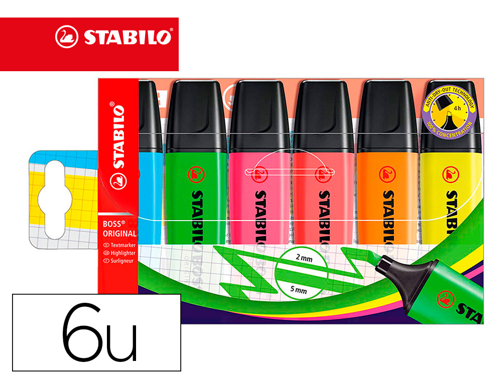 ROTULADOR STABILO BOSS FLUORESCENTE 70 ESTUCHE DE 6 UNIDADES COLORES SURTIDOS