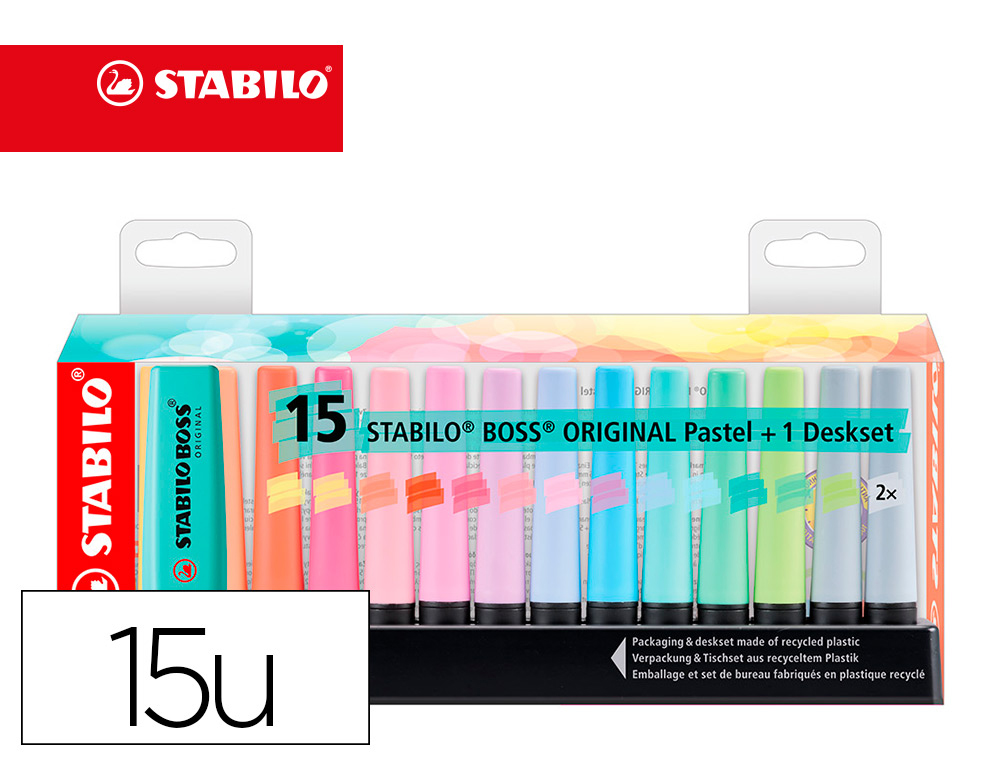 ROTULADOR STABILO BOSS FLUORESCENTE 70 PASTEL DESKSET ESTUCHE DE 15 UNIDADES COLORES SURTIDOS