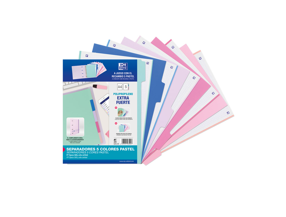 SEPARADORES DE PLASTICO OXFORD POLIPROPILENO 500 MC COLORES PASTEL JUEGO DE 5 SEPARADORES