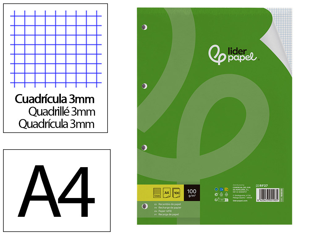 RECAMBIO LIDERPAPEL A4 100 HOJAS 100GR CUADRO 3MM CON MARGEN 4 TALADROS