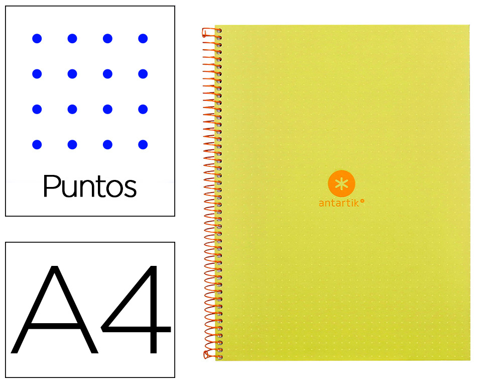 CUADERNO ESPIRAL A4 MICRO ANTARTIK DOTS TAPA FORRADA 80H 90 GR RAYADO PUNTOS 1 BANDA 4 TALADROS AMARILLO