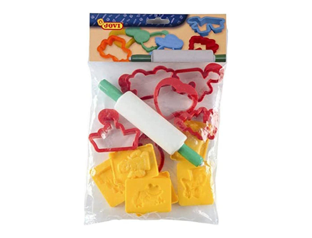 JUEGO JOVI RODILLO PARA PLASTILINA + 12 MOLDES FORMAS SURTIDAS