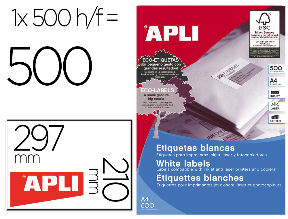 ETIQUETA ADHESIVA APLI 1788 210X297 MM PARA FOTOCOPIADORA LASER INK-JET CAJA DE 500 HOJAS