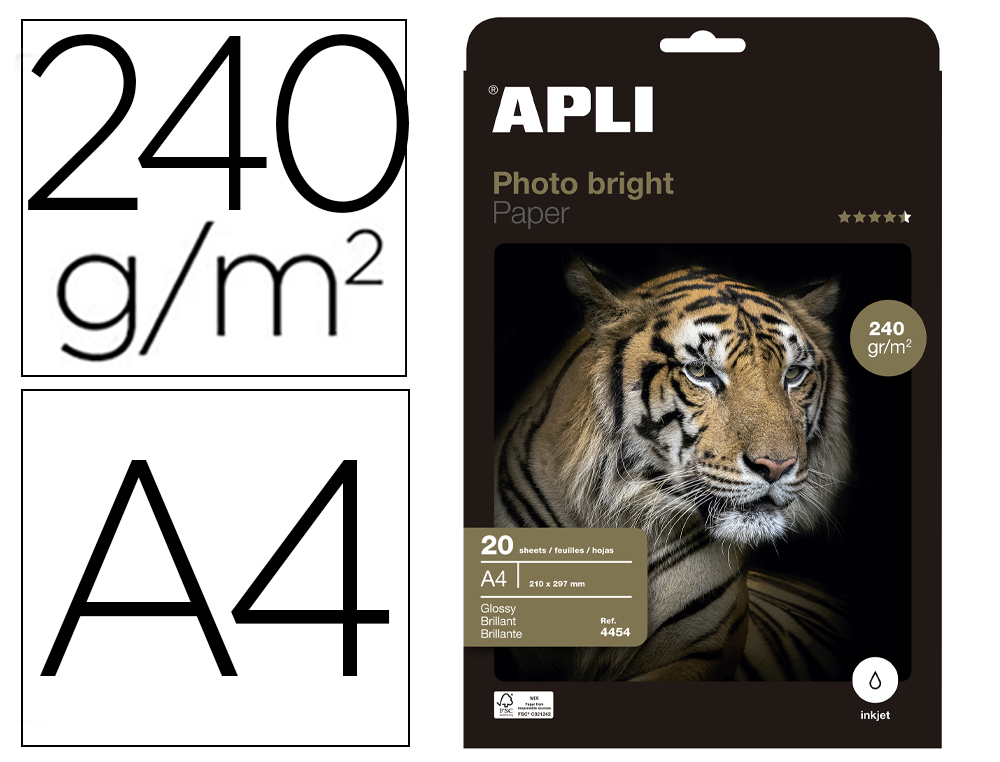 PAPEL FOTOGRAFICO APLI GLOSSY DIN A4 INK-JET 240 GR PACK DE 20 HOJAS