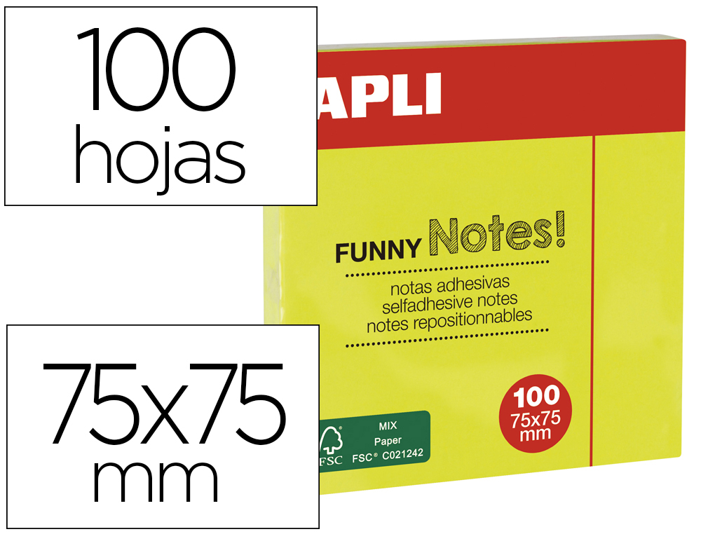 BLOC DE NOTAS ADHESIVAS QUITA Y PON APLI 75X75 MM AMARILLO FLUORESCENTE CON 100 HOJAS