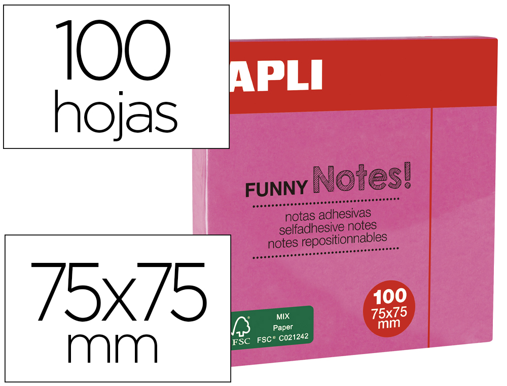 BLOC DE NOTAS ADHESIVAS QUITA Y PON APLI 75X75 MM ROSA FLUORESCENTE CON 100 HOJAS