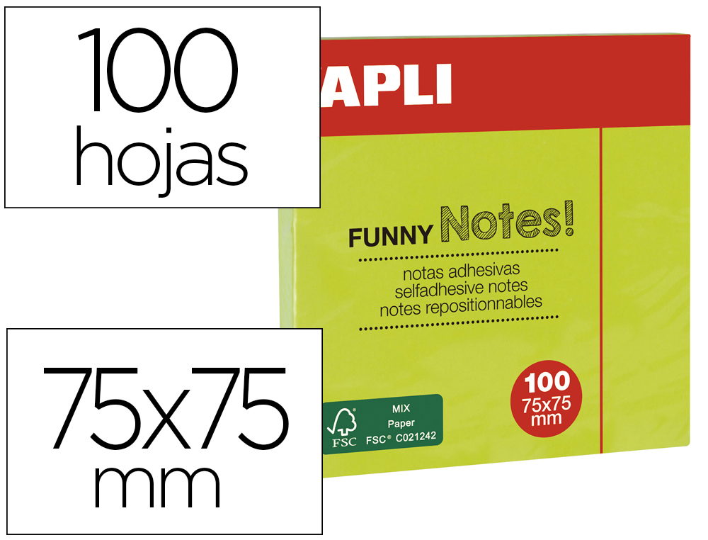 BLOC DE NOTAS ADHESIVAS QUITA Y PON APLI 75X75 MM VERDE FLUORESCENTE CON 100 HOJAS