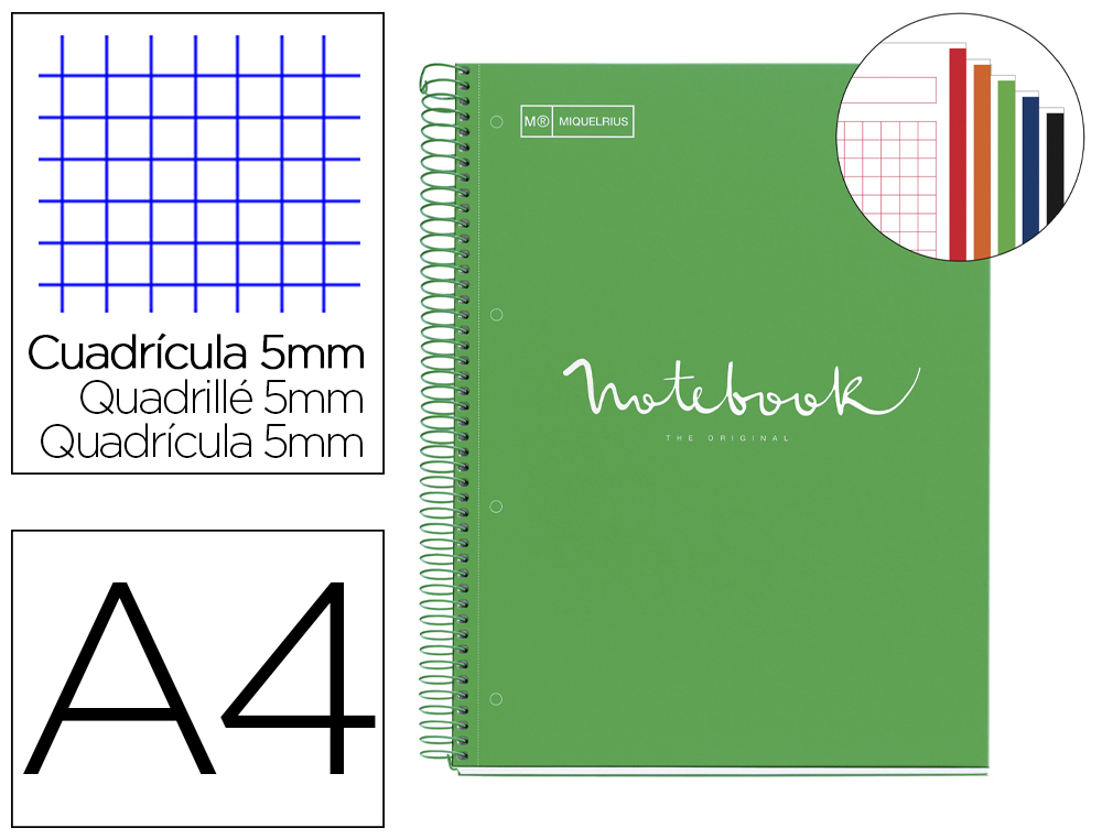 CUADERNO ESPIRAL MIQUELRIUS NOTEBOOK 5 EMOTIONS TAPA FORRADA DIN A4 MICROPERFORADO 120 HOJAS 90G/M2 CUADRO 5 MM