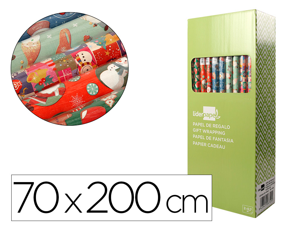 PAPEL DE REGALO LIDERPAPEL NAVIDAD ROLLO ANCHO 70 CM LONGITUD 2 MT GRAMAJE 60 GR DISEÑOS SURTIDOS