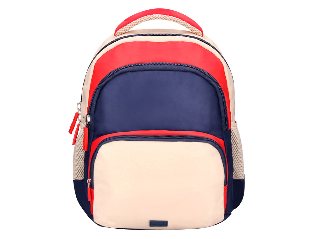 CARTERA ESCOLAR LIDERPAPEL MOC HILA MULTIBOLSILLO INFANTIL AZUL MARINO ROJO BEIGE 350X110X270 MM