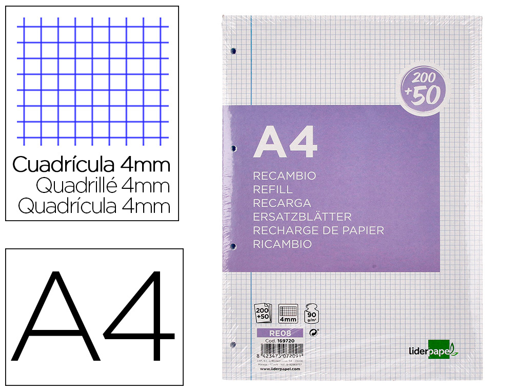 RECAMBIO LIDERPAPEL A4 200+50 HOJAS 90GR CUADRO 4MM CON MARGEN 4 TALADROS