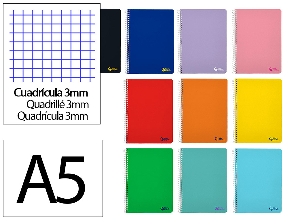CUADERNO ESPIRAL LIDERPAPEL A5 SMART TAPA BLANDA 80H 75GR CUADRO 3MM CON MARGEN COLORES SURTIDOS