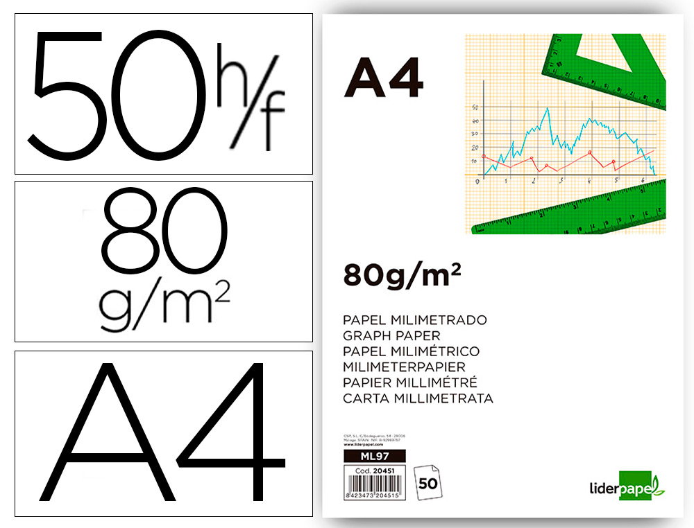 BLOC PAPEL MILIMETRADO LIDERPAPEL ENCOLADO 210X297 MM 50 HOJAS 80G/M2