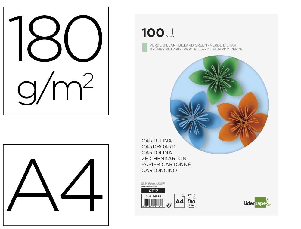 CARTULINA LIDERPAPEL A4 180G/M2 VERDE PAQUETE DE 100 HOJAS