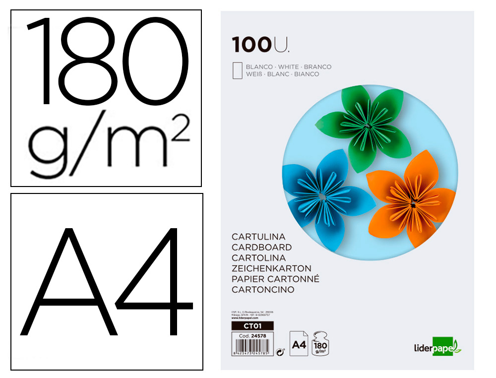 CARTULINA LIDERPAPEL A4 180G/M2 BLANCO PAQUETE DE 100 HOJAS