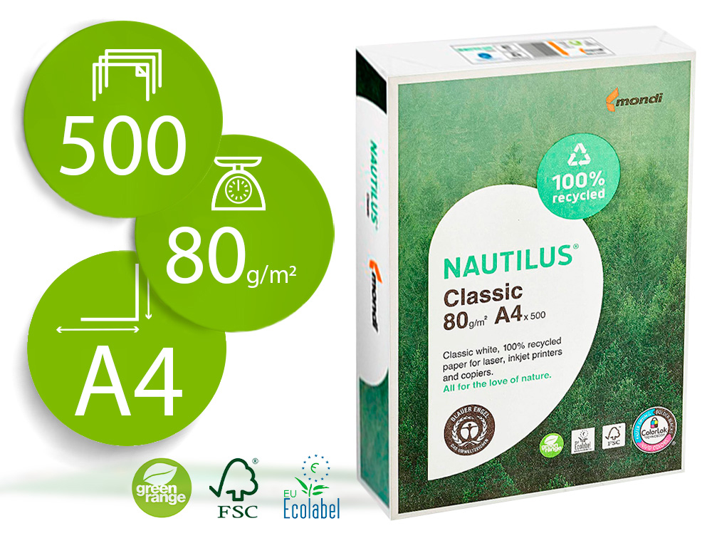 PAPEL FOTOCOPIADORA NAUTILUS DIN A4 80 GRAMOS PAQUETE DE 500 HOJAS 100% RECICLADO