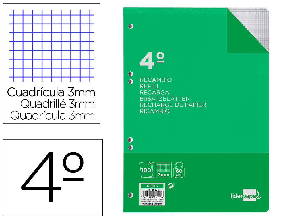 RECAMBIO LIDERPAPEL CUARTO 100 HOJAS 60GR CUADRO 3MM CON MARGEN 6 TALADROS