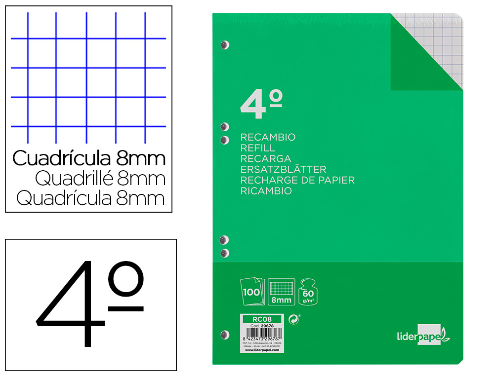 RECAMBIO LIDERPAPEL CUARTO 100 HOJAS 60GR CUADRO 8MM CON MARGEN 6 TALADROS