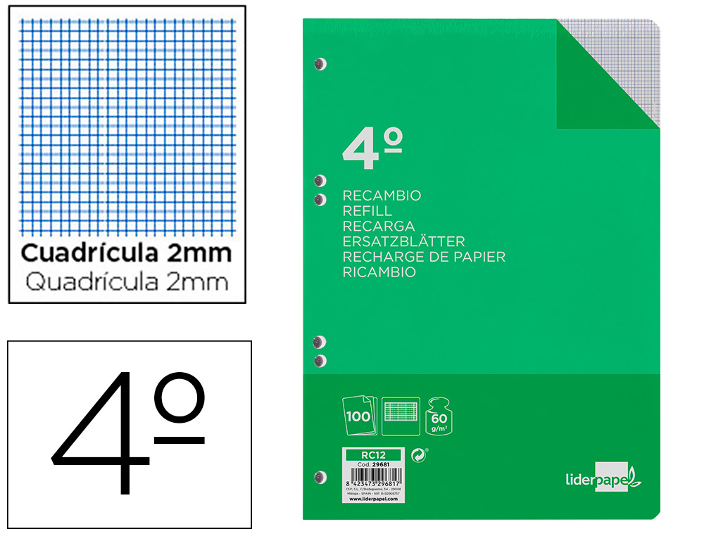 RECAMBIO LIDERPAPEL CUARTO 100 HOJAS 60GR MILIMETRADO SIN MARGEN 6 TALADROS