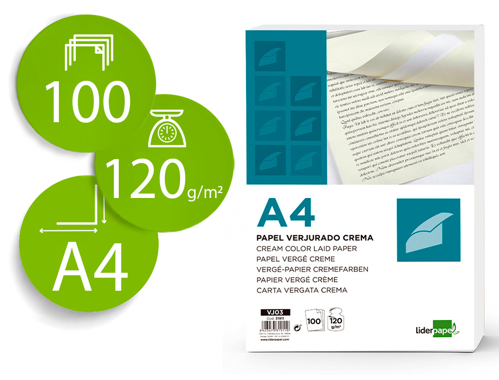 PAPEL VERJURADO LIDERPAPEL A4 120G/M2 CREMA PAQUETE DE 100 HOJAS