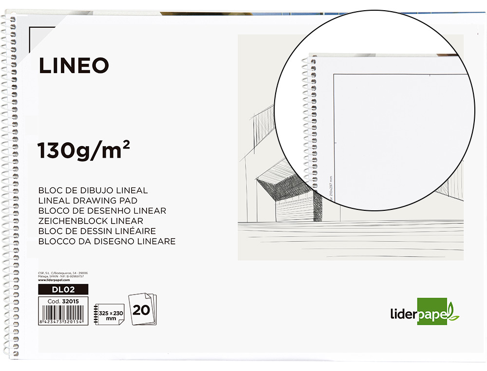 BLOC DIBUJO LIDERPAPEL LINEAL ARQUITECTURA 230X325 MM 20 HOJAS 130G/M2 CON RECUADRO PERFORADO