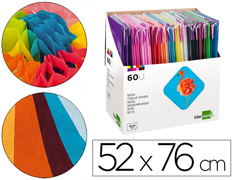 PAPEL SEDA LIDERPAPEL 52X76 CM EXPOSITOR 60 BOLSAS DE 5 HOJAS 12 COLORES SURTIDOS