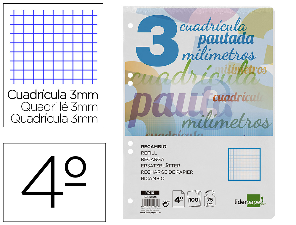 RECAMBIO LIDERPAPEL CUARTO PAUTAGUIA 100 HOJAS 75GR CUADRICULADO PAUTADO 3MM CON MARGEN 6 TALADROS