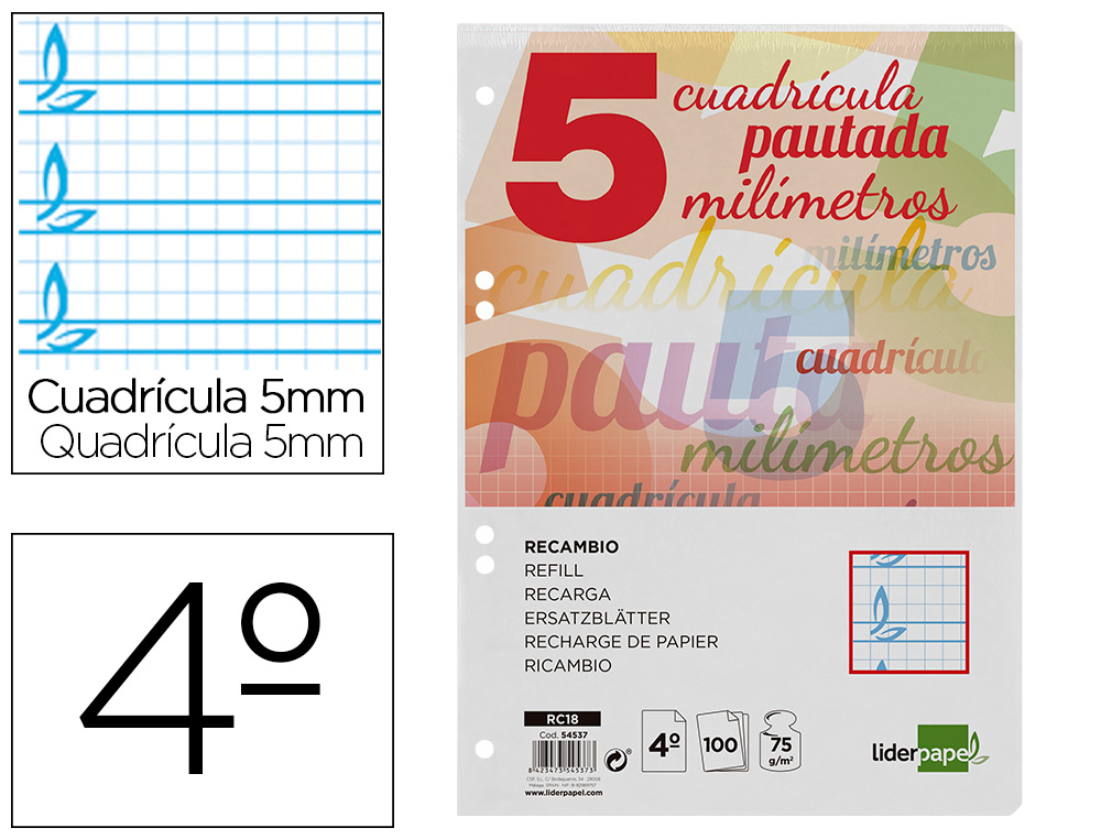 RECAMBIO LIDERPAPEL CUARTO PAUTAGUIA 100 HOJAS 75GR CUADRICULADO PAUTADO 5 MM CON MARGEN 6 TALADROS