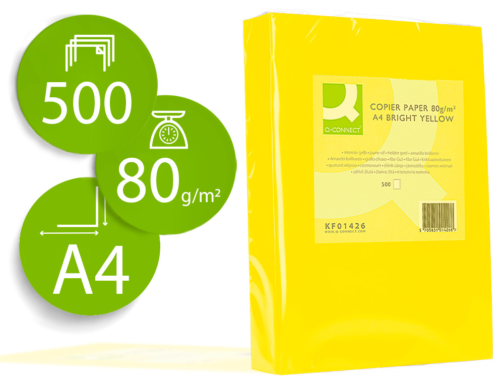 PAPEL COLOR Q-CONNECT DIN A4 80GR AMARILLO INTENSO PAQUETE DE 500 HOJAS