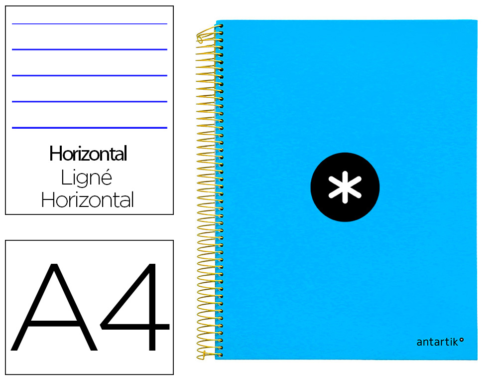 CUADERNO ESPIRAL A4 MICRO ANTARTIK TAPA FORRADA 120H 90 GR HORIZONTAL 5 BANDAS 4 TALADROS COLOR AZUL