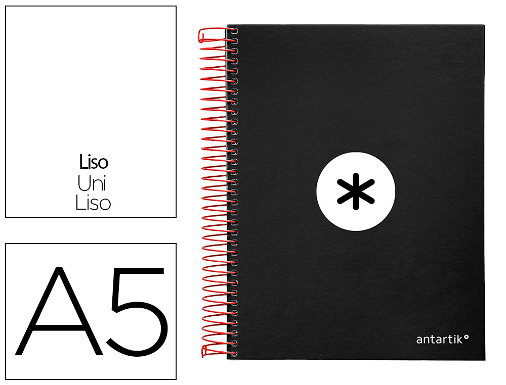 CUADERNO ESPIRAL A5 MICRO ANTARTIK TAPA FORRADA 120H 90G LISO CON BANDAS 6 TALADROS COLOR NEGRO