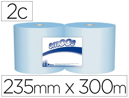 PAPEL SECAMANOS INDUSTRIAL AMOOS 2 CAPAS 222 MM X 300 MT COLOR AZUL PAQUETE DE 2 ROLLOS