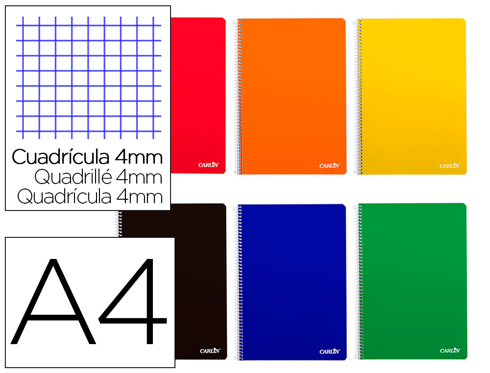 CUADERNO ESPIRAL CARLIN A4 TAPA DURA 80H 90GR CUADRO 4MM CON MARGEN COLORES SURTIDOS