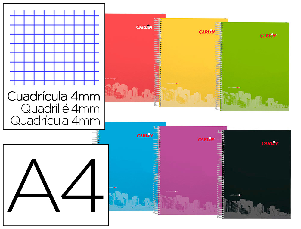 CUADERNO ESPIRAL CARLIN A4 TAPA FORRADA 80H 90GR CUADRO 4MM CON MARGEN 6 COLORES SRTOSREF 16016