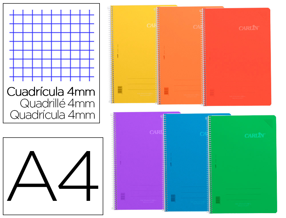 CUADERNO ESPIRAL CARLIN A4 TAPA PLASTICO 80H 90GR CUADRO 4MM CON MARGEN 6 COLORES SURTIDOS REF 16020