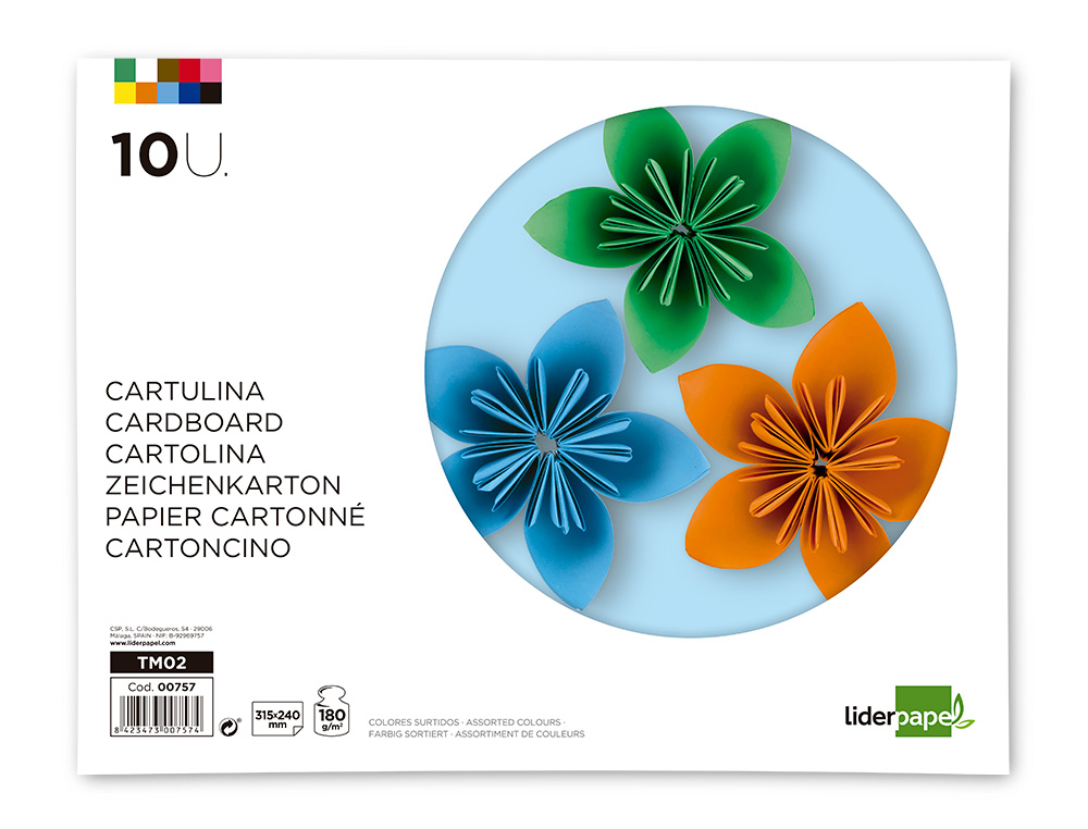 BLOC TRABAJOS MANUALES LIDERPAPEL CARTULINA 240X315MM 10 HOJAS COLORES SURTIDOS