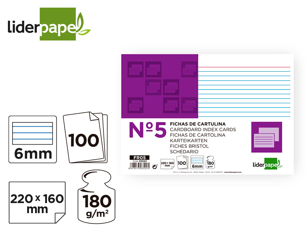FICHA LIDERPAPEL RAYADA Nº5 160X220 MM 180G/M2 PAQUETE DE 100 UNIDADES