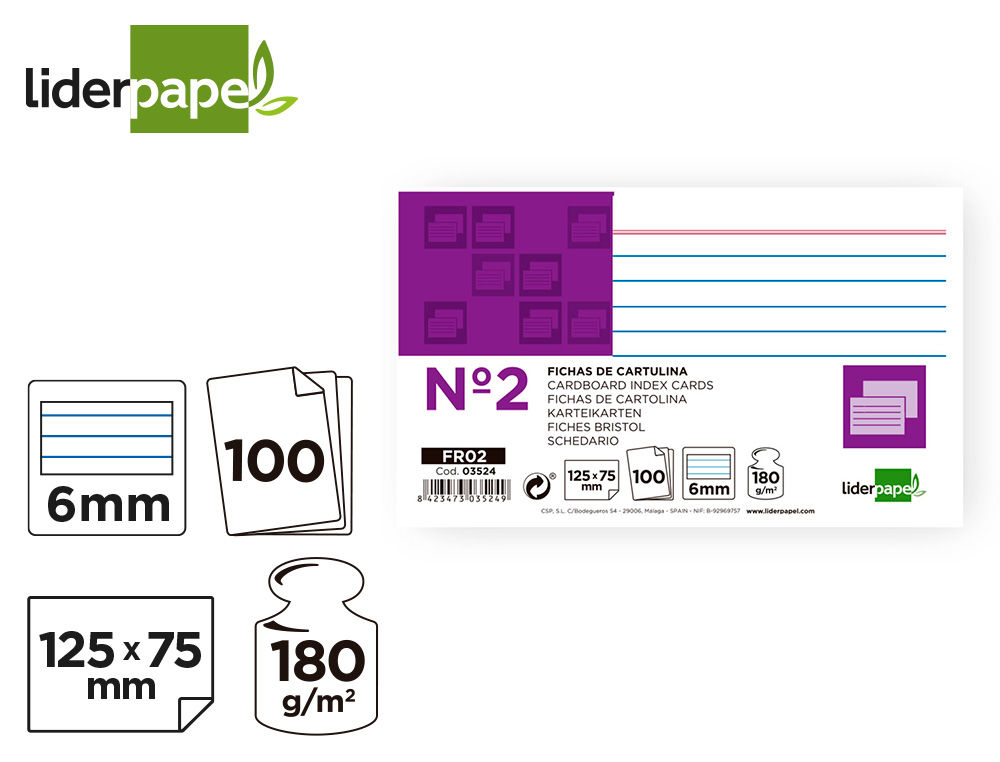 FICHA LIDERPAPEL RAYADA Nº2 75X125 MM 180GR PAQUETE DE 100 UNIDADES