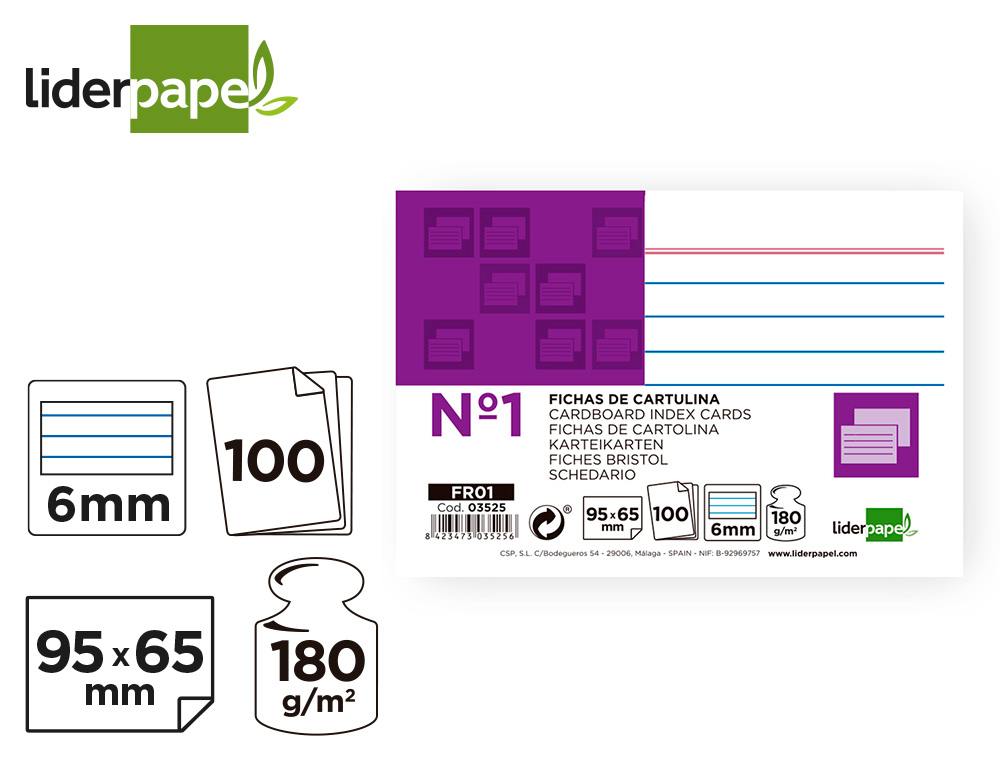 FICHA LIDERPAPEL RAYADA N1 65X95 MM 180G/M2 PAQUETE DE 100 UNIDADES