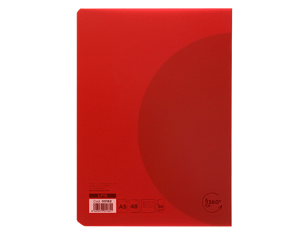 LIBRETA LIDERPAPEL 360 TAPA DE PLASTICO A5 48 HOJAS 90GR HORIZONTAL CON MARGEN COLORES SURTIDOS
