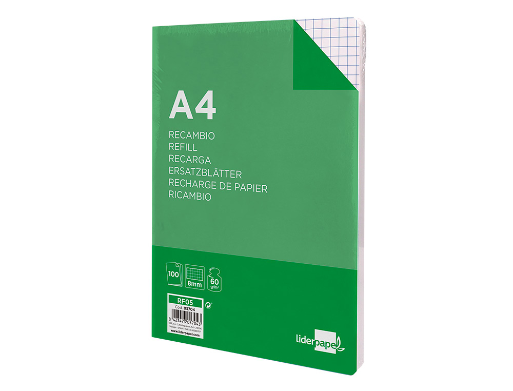 RECAMBIO LIDERPAPEL A4 100 HOJAS 60GR CUADRO 8MM CON MARGEN 4 TALADROS