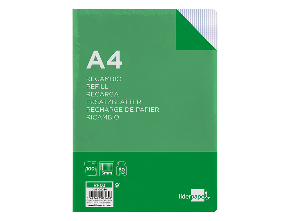 RECAMBIO LIDERPAPEL A4 100 HOJAS 60GR CUADRO 3 MM CON MARGEN 4 TALADROS