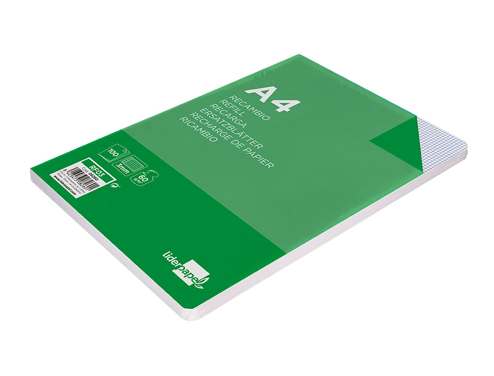 RECAMBIO LIDERPAPEL A4 100 HOJAS 60GR CUADRO 3 MM CON MARGEN 4 TALADROS