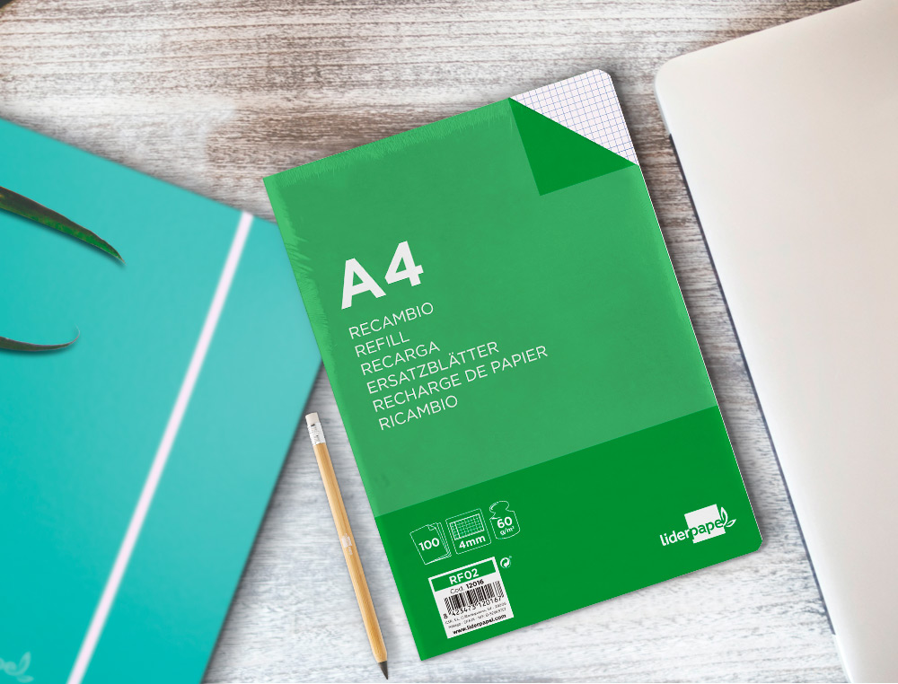 RECAMBIO LIDERPAPEL A4 100 HOJAS 60GR CUADRO 4MM CON MARGEN SIN TALADROS