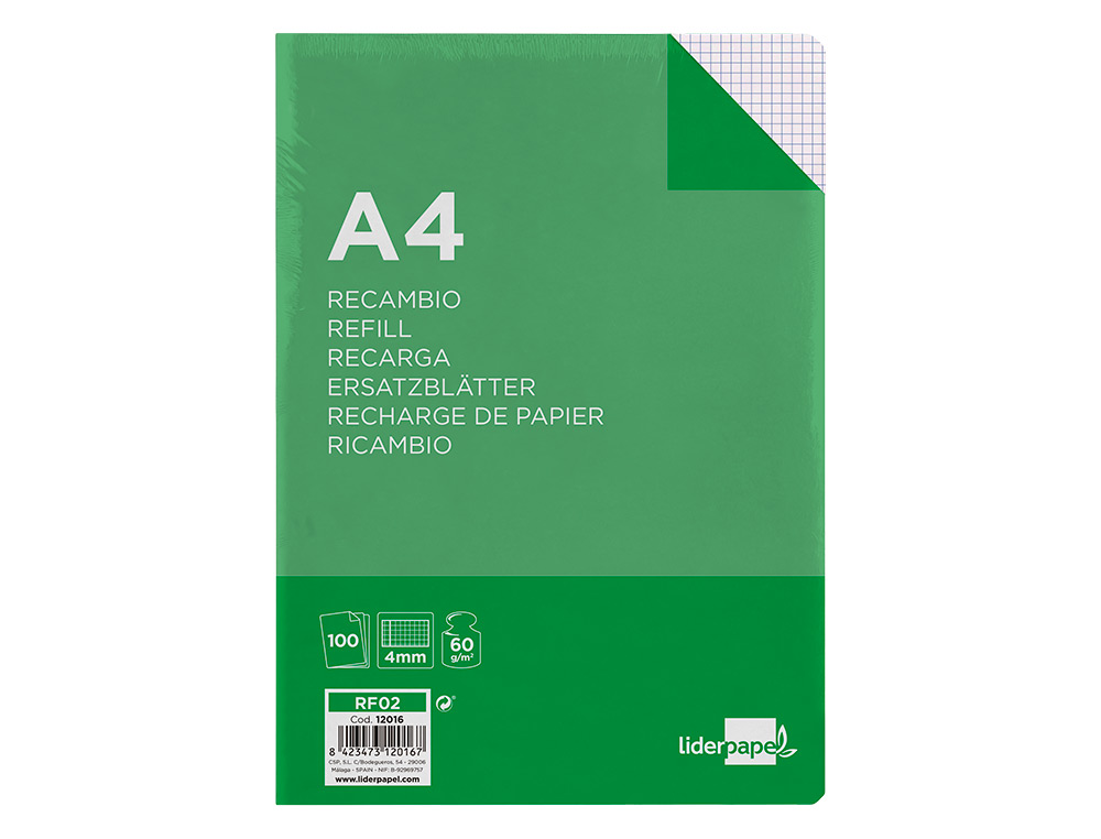 RECAMBIO LIDERPAPEL A4 100 HOJAS 60GR CUADRO 4MM CON MARGEN SIN TALADROS